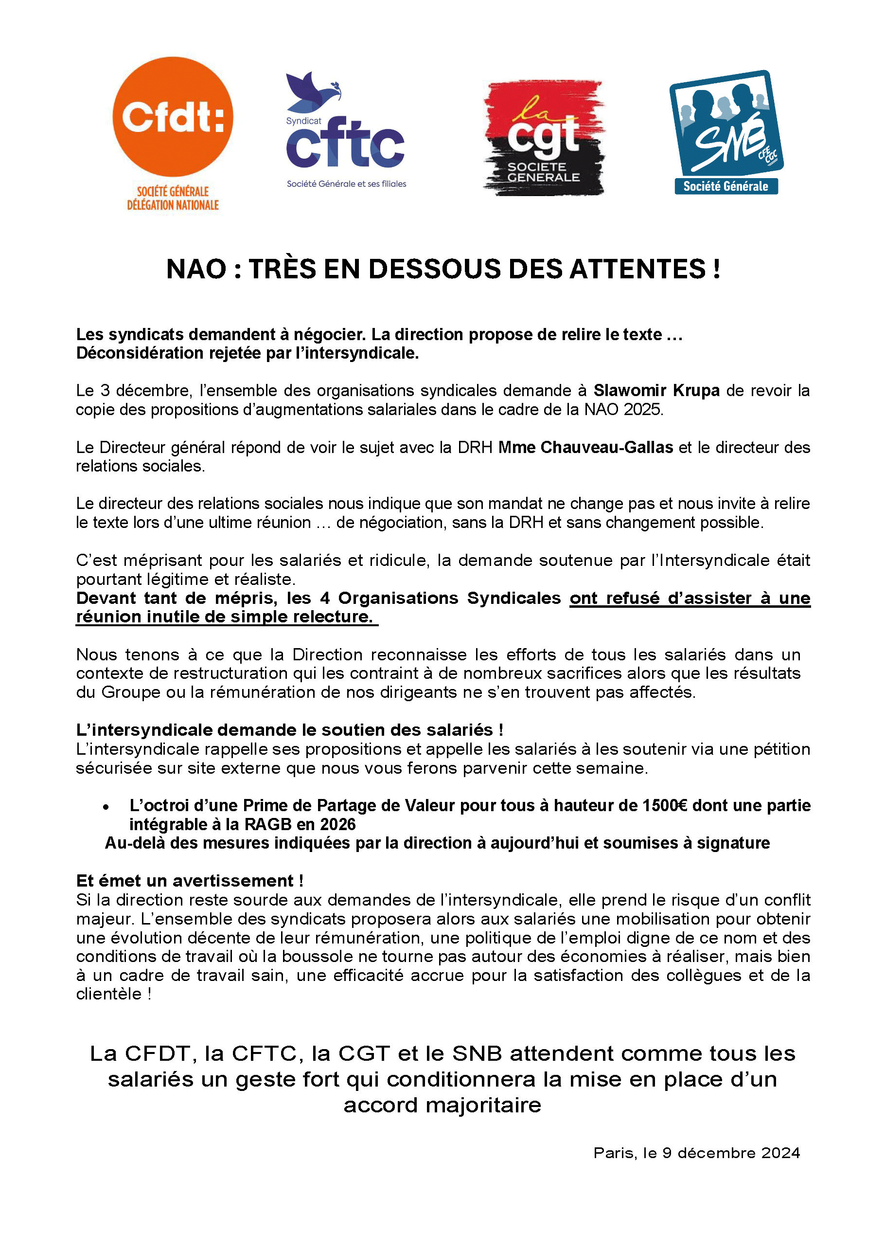 INAO 2024 : communication intersyndicale - 9 décembre